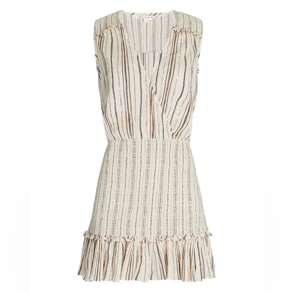 Veronica Beard Cox Smocked Striped Mini Dress Beige Rose Gold Extra Small